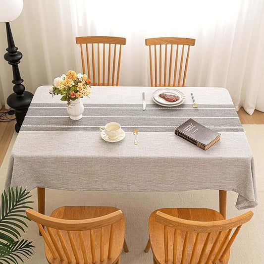 Cotton Linen Tablecloth 54x86, Waterproof Embroidery, Striped Grey Farmhouse Style