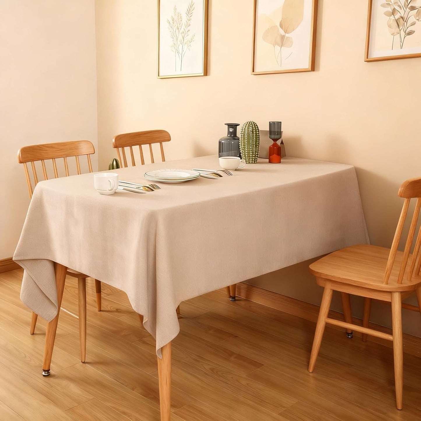 Rectangular Waterproof Tablecloth 57x118, Linen Texture, Spill-Proof, Beige