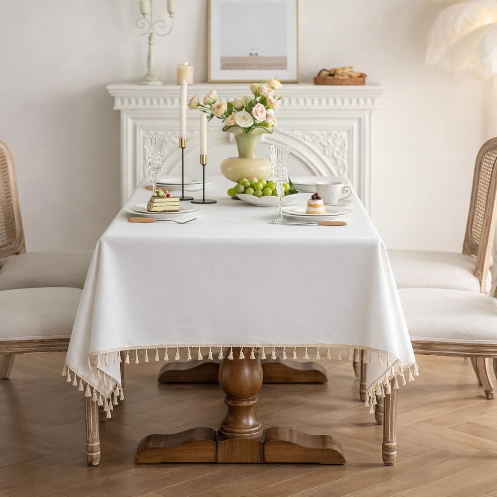 Cotton Tablecloth, Wrinkle Resistant, Tassel Fringe, Natural White