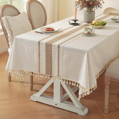Cotton Linen Tablecloth, Tassel Edge, Wrinkle Resistant, Navy Lines, 4–6 Seats