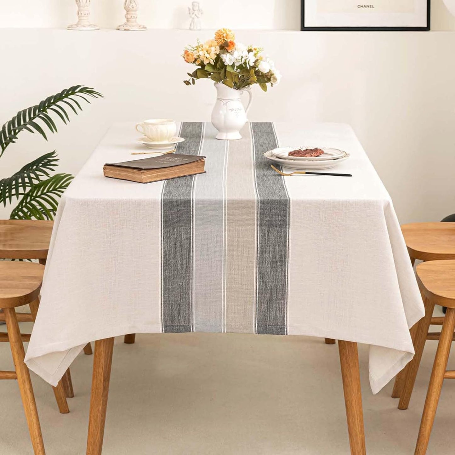 Cotton Linen Tablecloth 54x86, Waterproof Embroidery, Striped Grey Farmhouse Style