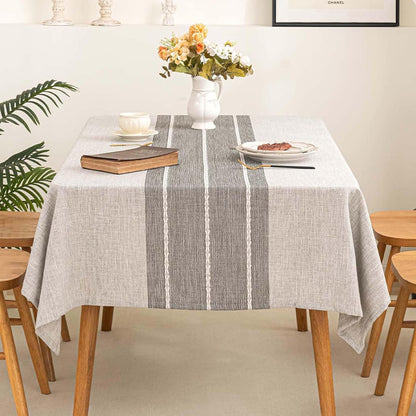 Cotton Linen Tablecloth 54x86, Waterproof Embroidery, Striped Grey Farmhouse Style
