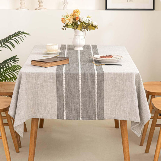 Cotton Linen Tablecloth 54x86, Waterproof Embroidery, Striped Grey Farmhouse Style
