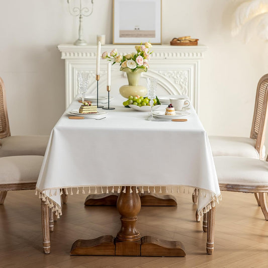 Cotton Tablecloth, Wrinkle Resistant, Tassel Fringe, Natural White
