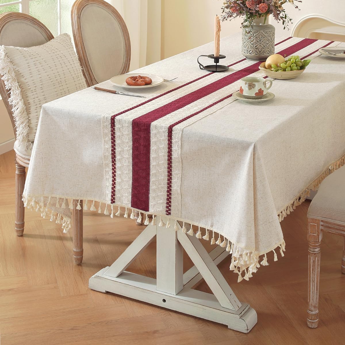 Cotton Linen Tablecloth, Tassel Edge, Wrinkle Resistant, Navy Lines, 4–6 Seats