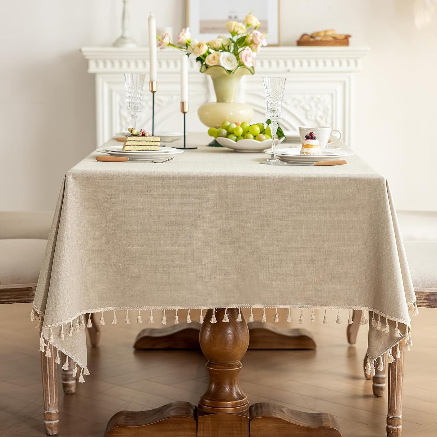Cotton Tablecloth, Wrinkle Resistant, Tassel Fringe, Natural White