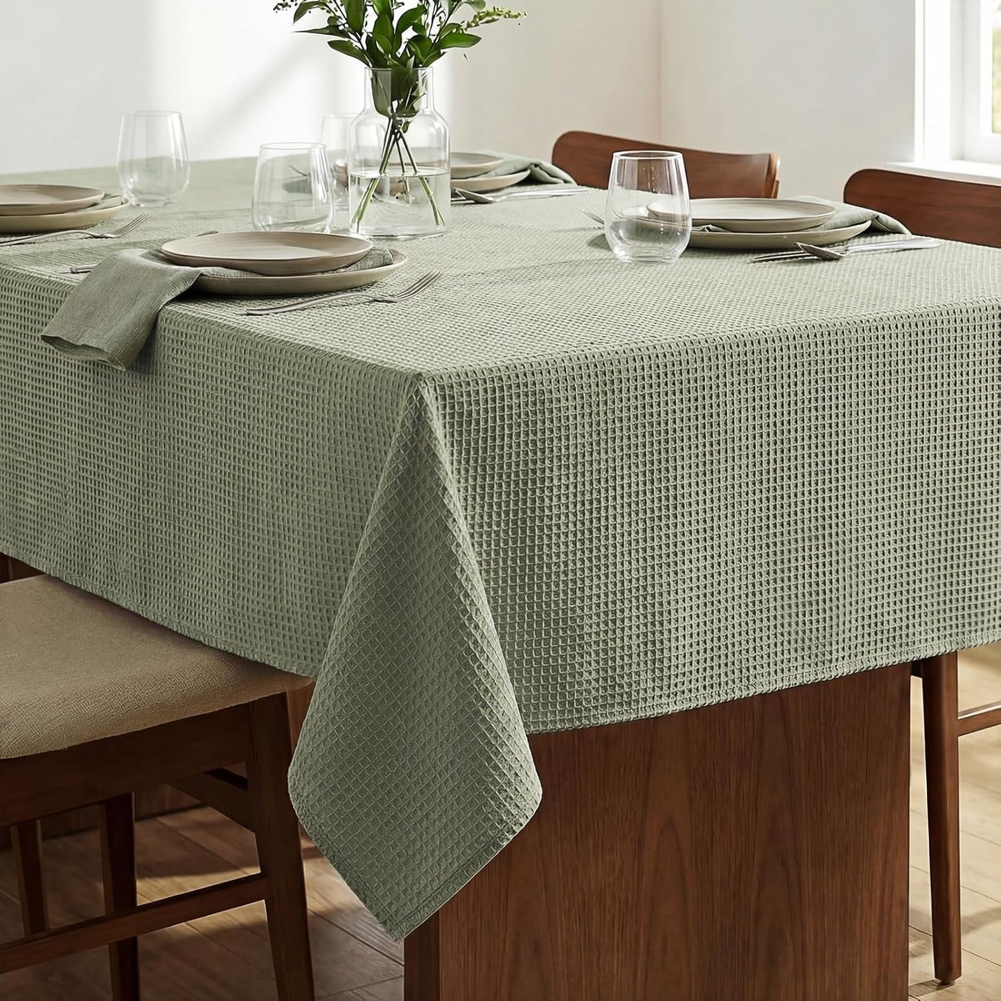 54x108 Waffle Textured Tablecloth, Waterproof & Stain Resistant, Natural