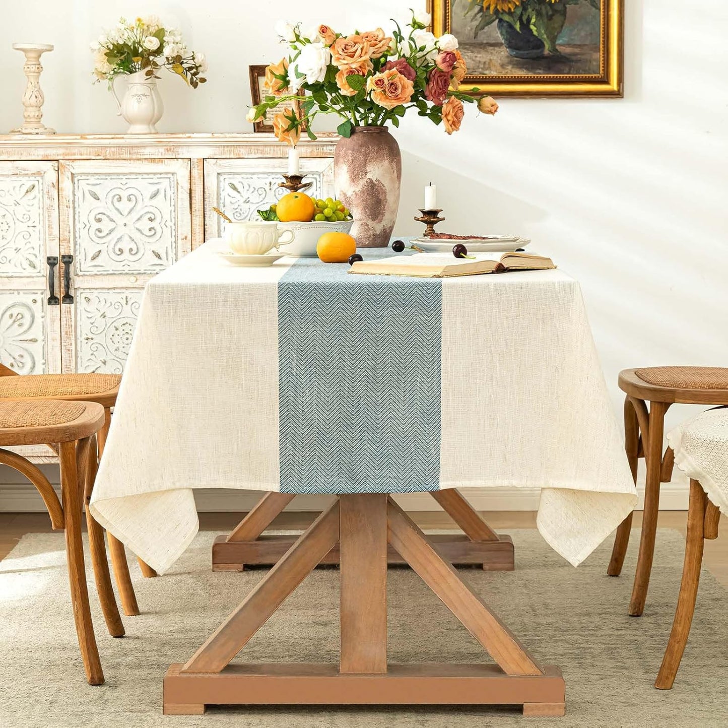 Cotton Linen Tablecloth 54x70, Waterproof, Beige & Blue