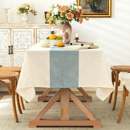 Cotton Linen Tablecloth 54x70, Waterproof, Beige & Blue