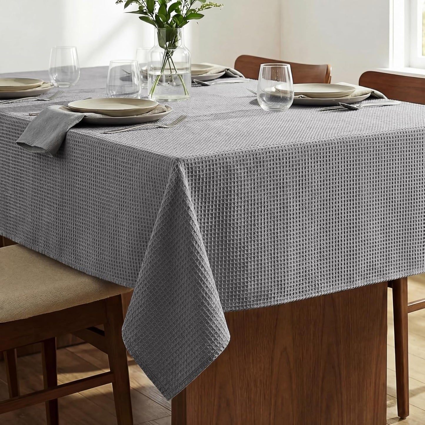 54x108 Waffle Textured Tablecloth, Waterproof & Stain Resistant, Natural