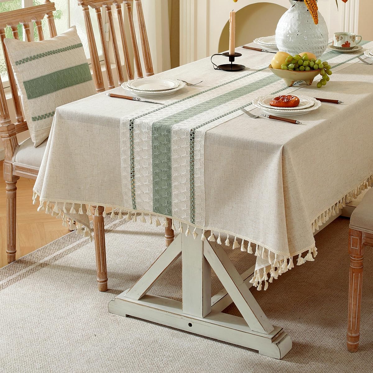 Cotton Linen Tablecloth, Tassel Edge, Wrinkle Resistant, Navy Lines, 4–6 Seats