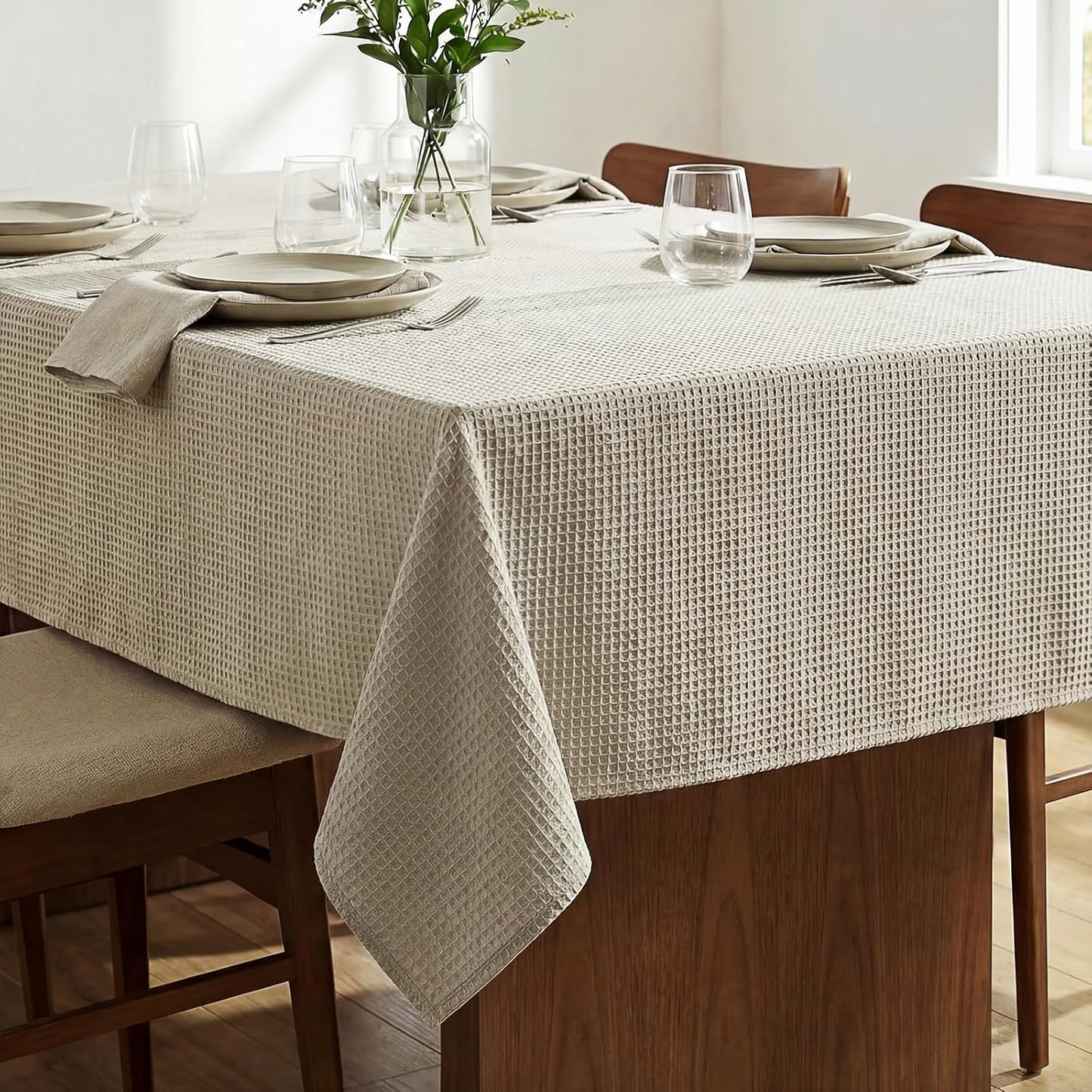 54x108 Waffle Textured Tablecloth, Waterproof & Stain Resistant, Natural