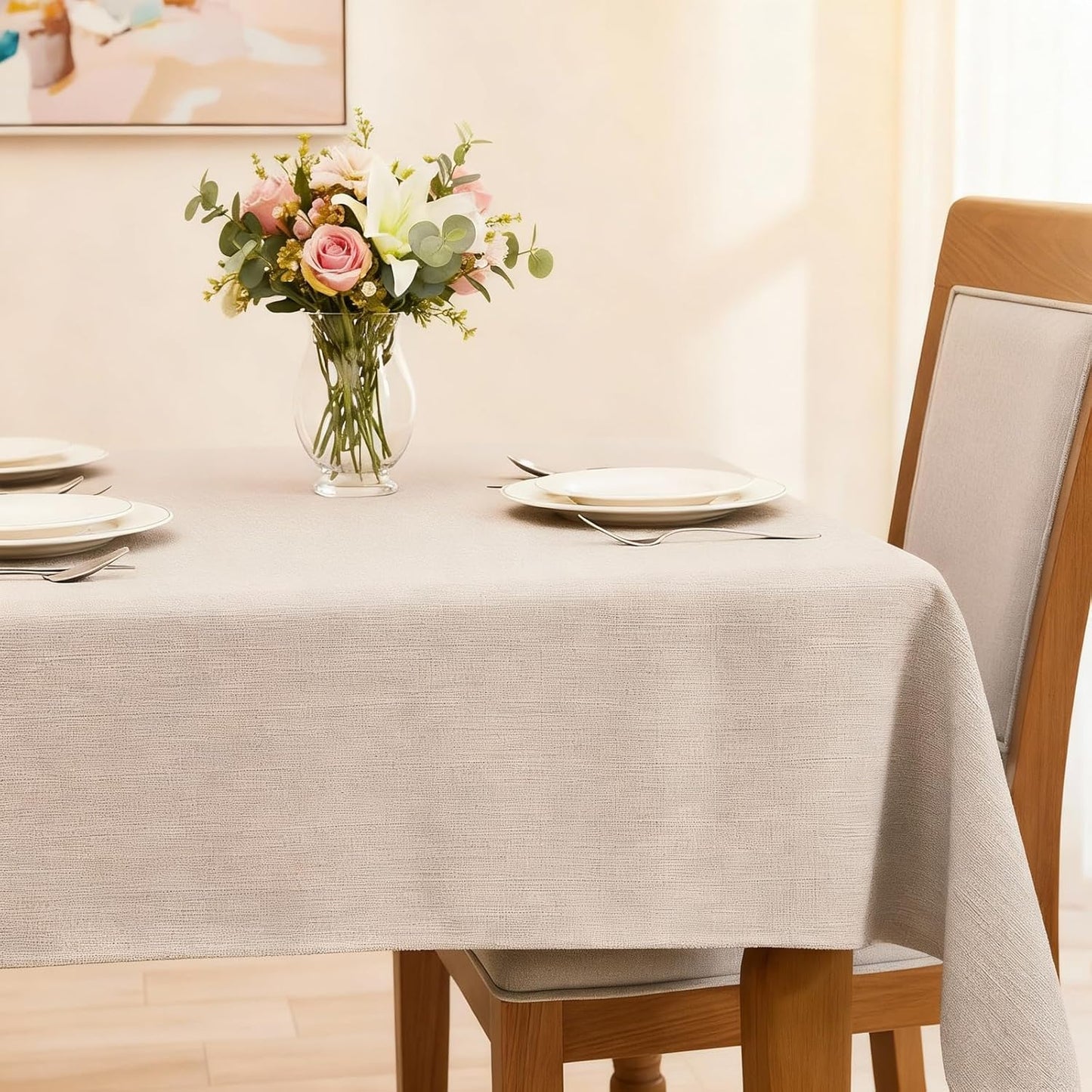 Rectangular Waterproof Tablecloth 57x118, Linen Texture, Spill-Proof, Beige