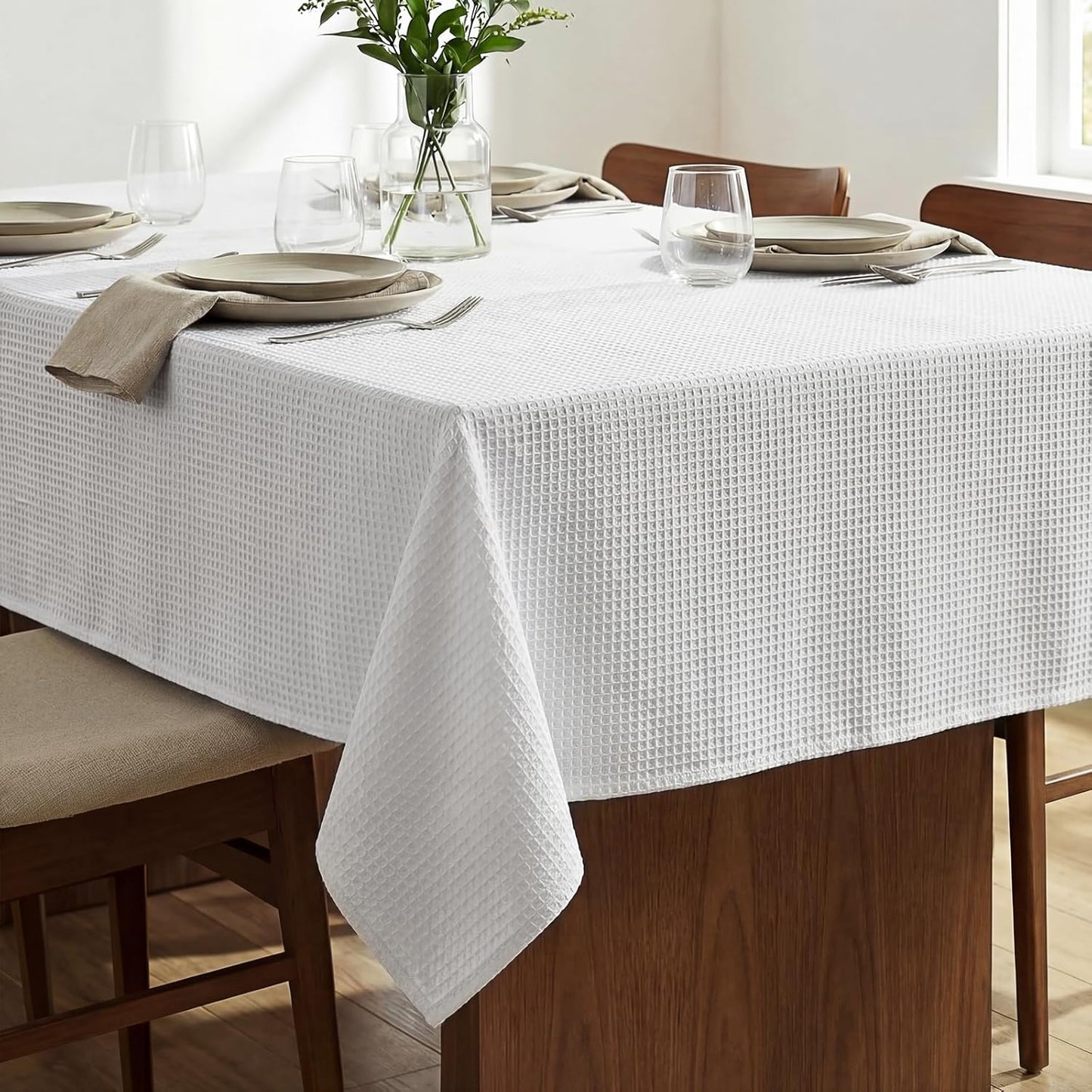 54x108 Waffle Textured Tablecloth, Waterproof & Stain Resistant, Natural