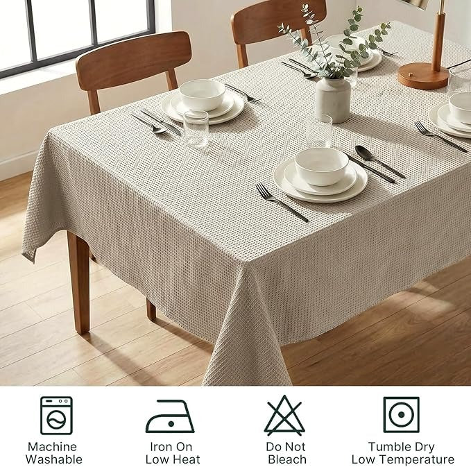 54x108 Waffle Textured Tablecloth, Waterproof & Stain Resistant, Natural