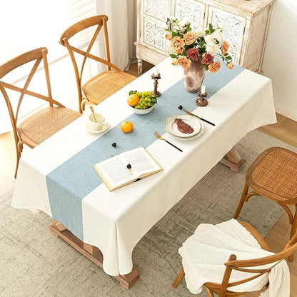 Cotton Linen Tablecloth 54x70, Waterproof, Beige & Blue