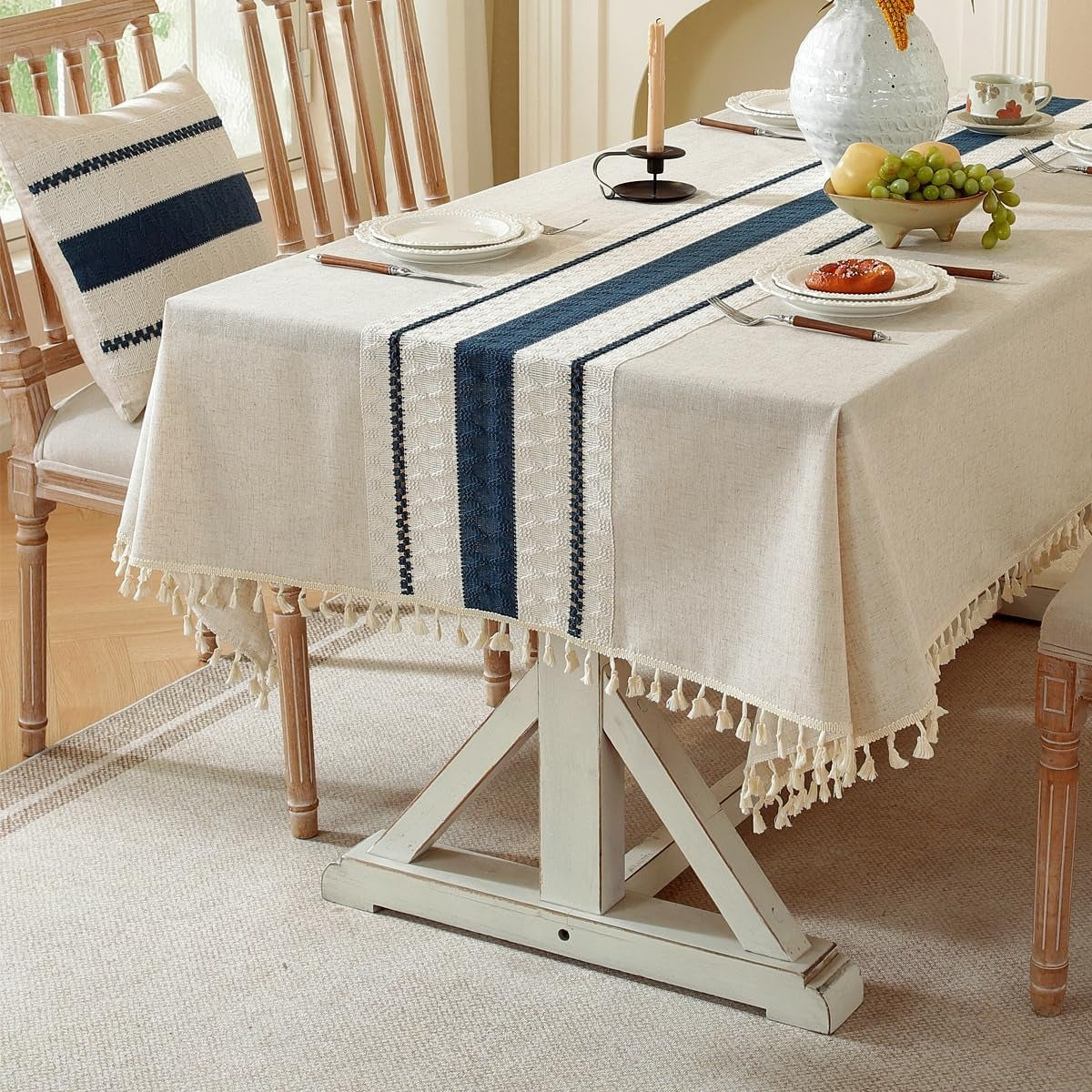 Cotton Linen Tablecloth, Tassel Edge, Wrinkle Resistant, Navy Lines, 4–6 Seats