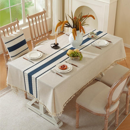 Cotton Linen Tablecloth, Tassel Edge, Wrinkle Resistant, Navy Lines, 4–6 Seats