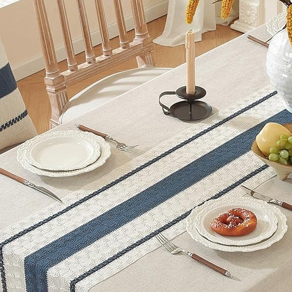 Cotton Linen Tablecloth, Tassel Edge, Wrinkle Resistant, Navy Lines, 4–6 Seats