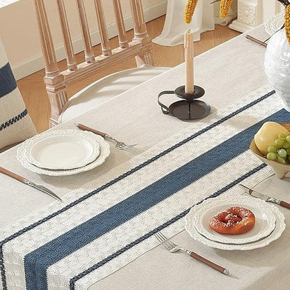 Cotton Linen Tablecloth, Tassel Edge, Wrinkle Resistant, Navy Lines, 4–6 Seats