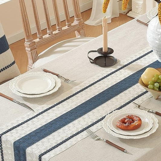 Cotton Linen Tablecloth, Tassel Edge, Wrinkle Resistant, Navy Lines, 4–6 Seats
