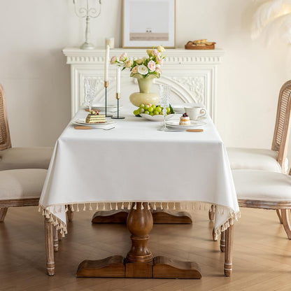 Cotton Tablecloth, Wrinkle Resistant, Tassel Fringe, Natural White