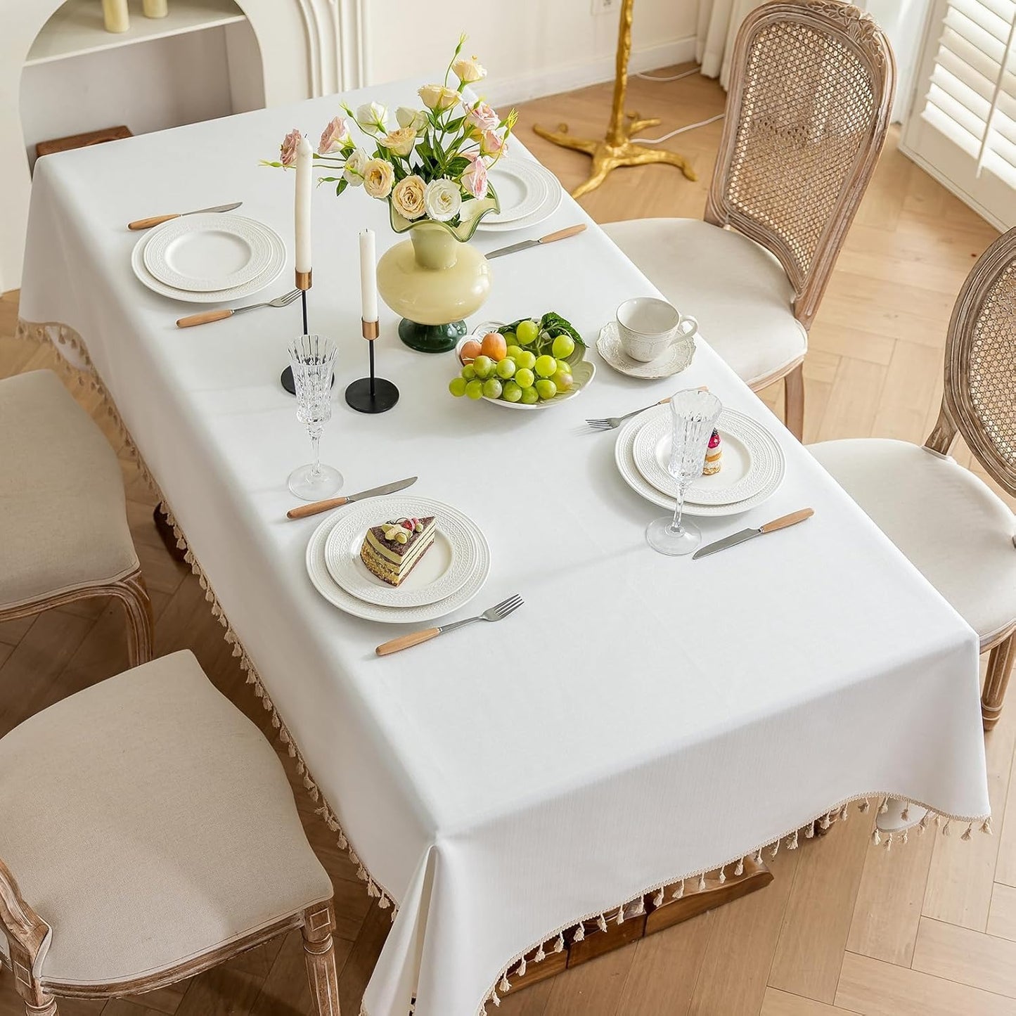Cotton Tablecloth, Wrinkle Resistant, Tassel Fringe, Natural White