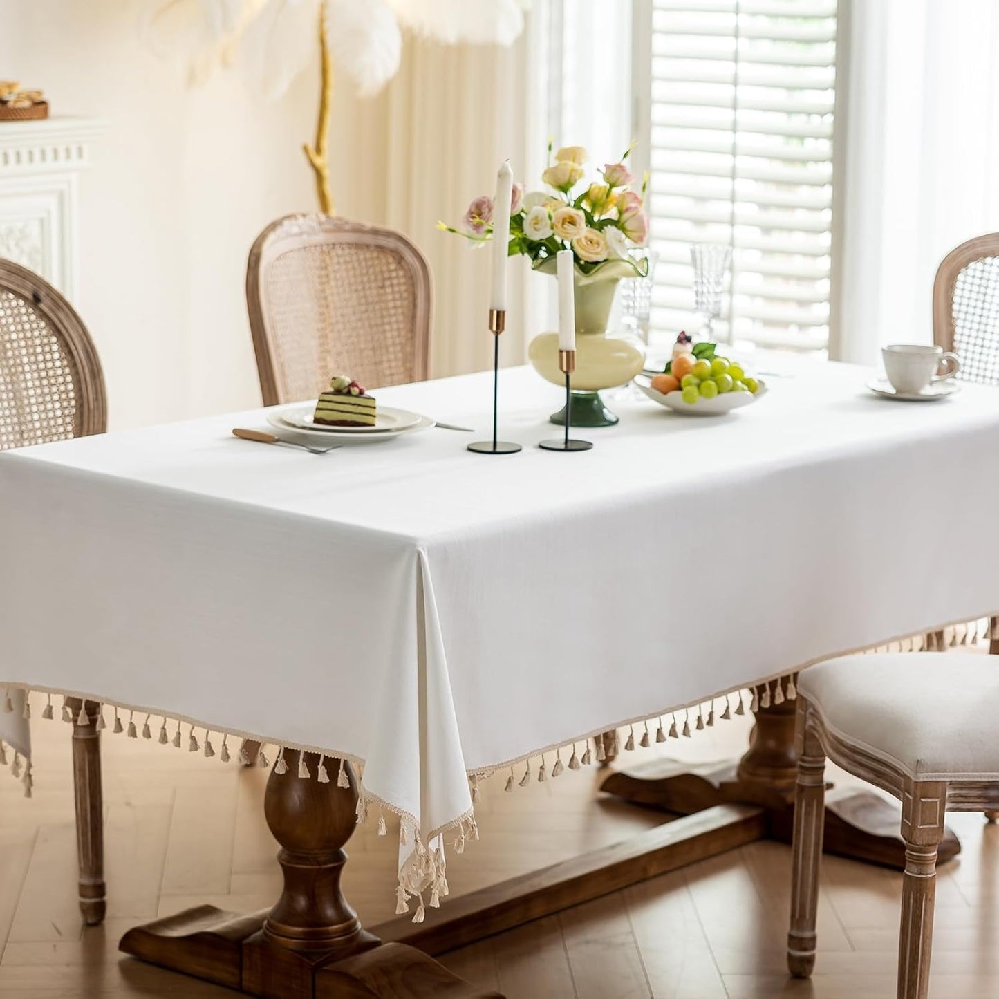 Cotton Tablecloth, Wrinkle Resistant, Tassel Fringe, Natural White