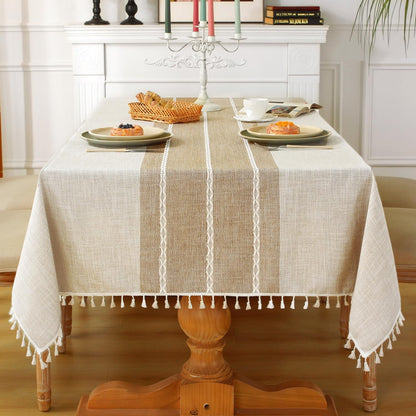 Cotton Linen Tablecloth 54x86, Waterproof Embroidery, Striped Grey Farmhouse Style
