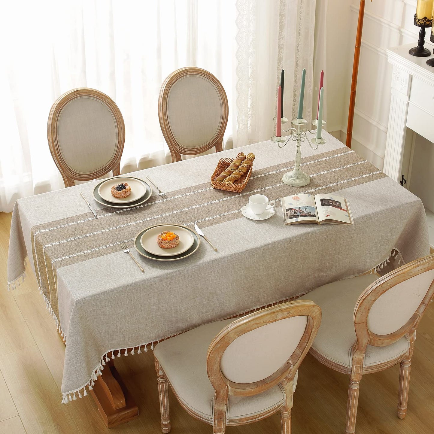 Cotton Linen Tablecloth 54x86, Waterproof Embroidery, Striped Grey Farmhouse Style
