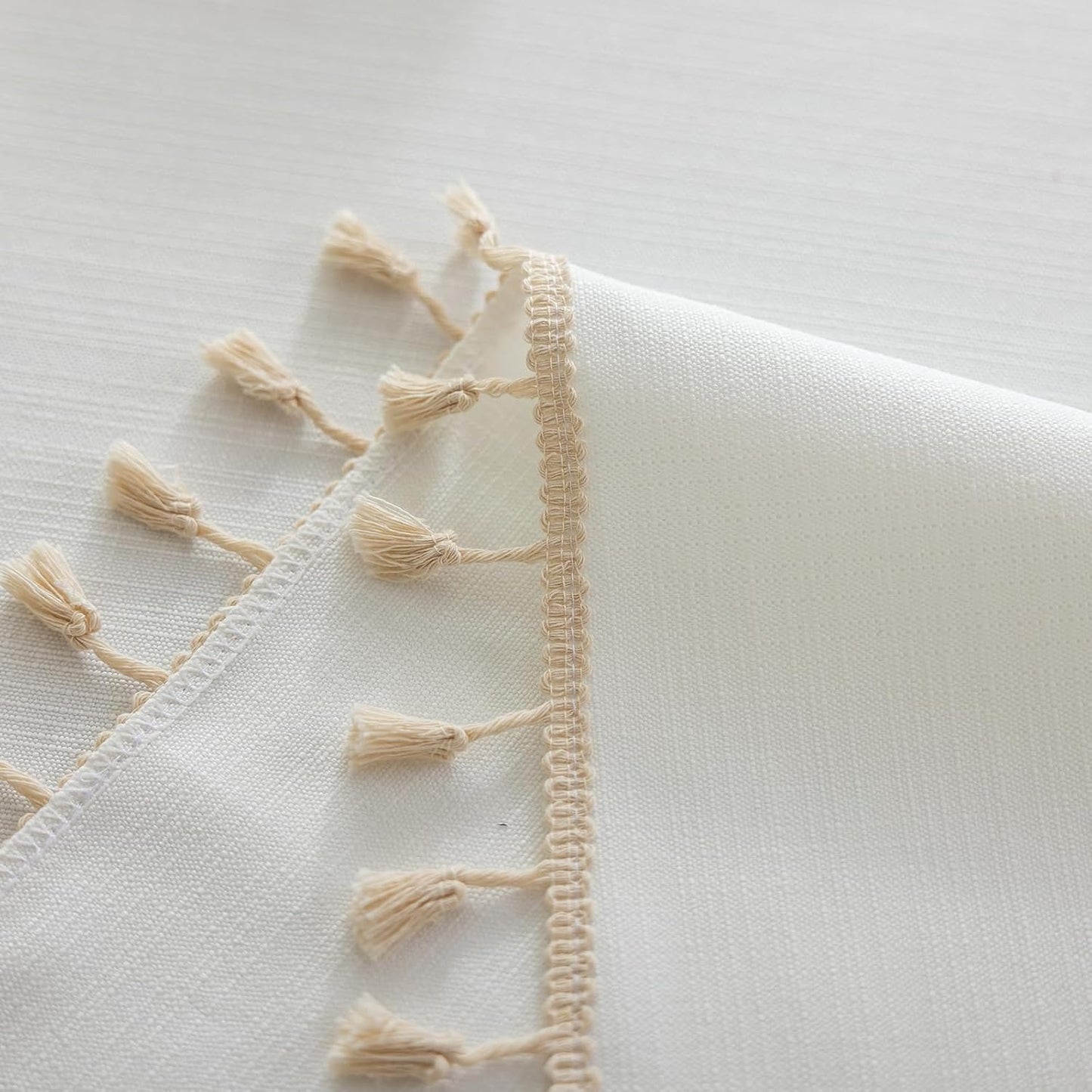 Cotton Tablecloth, Wrinkle Resistant, Tassel Fringe, Natural White