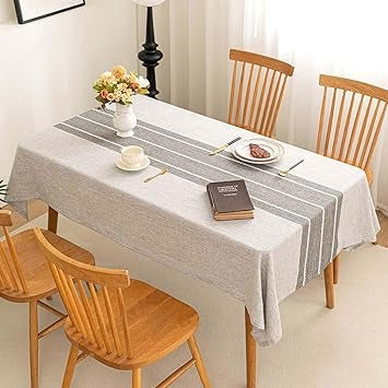 Cotton Linen Tablecloth 54x86, Waterproof Embroidery, Striped Grey Farmhouse Style