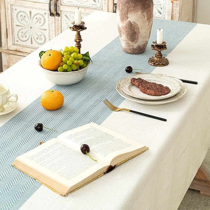 Cotton Linen Tablecloth 54x70, Waterproof, Beige & Blue